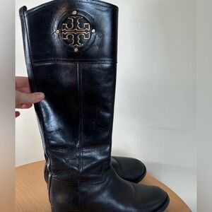 Tory Burch Black Leather Knee Boots with Gold Logo